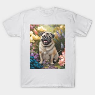 Pug Lovers Cute Pug in Flower Garden T-Shirt